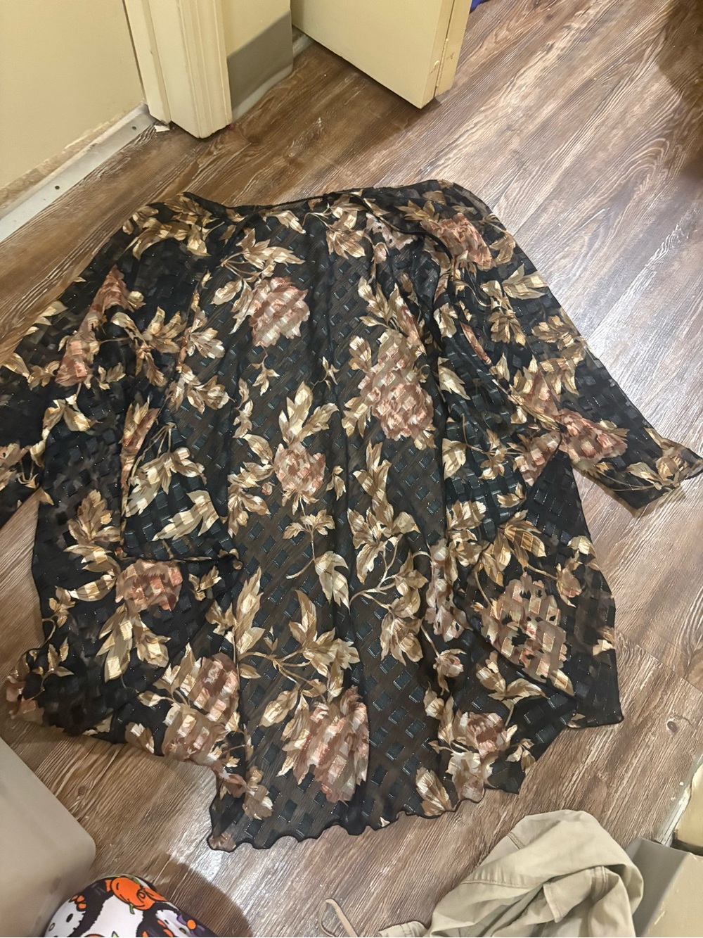 Black Floral Mesh Women’s Top with Brown and Cream Blooms